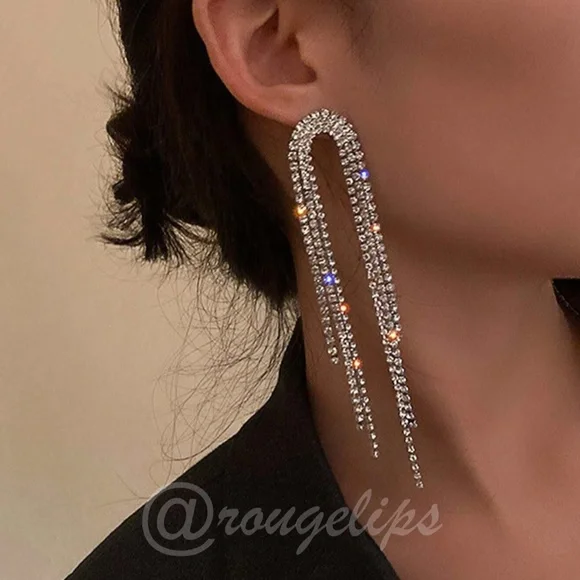 Rhinestone Tassel Drop Earrings Long Silver Tone - Picture 1 of 4